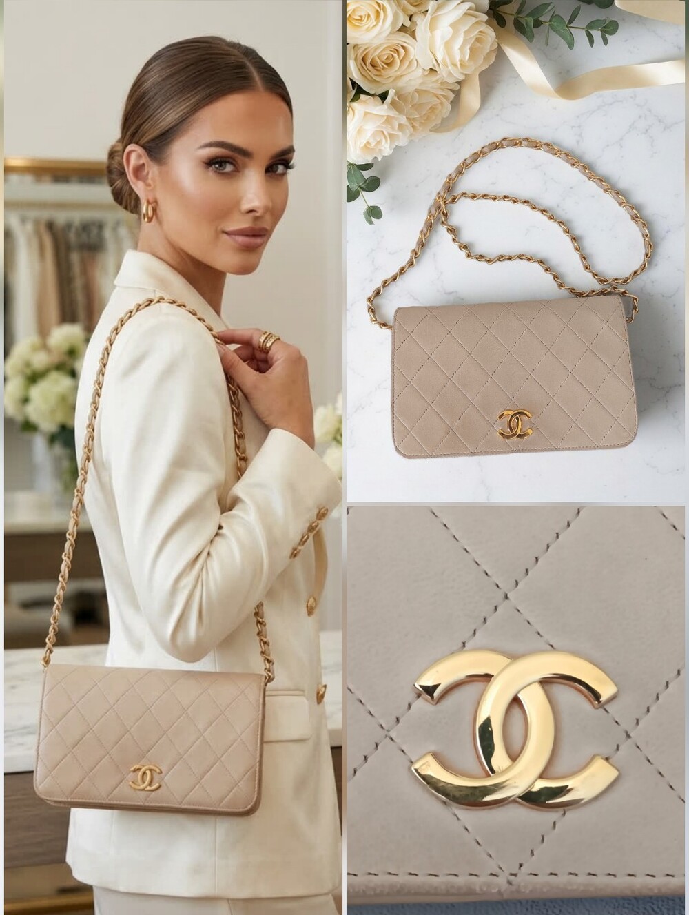 Chanel Vintage Small Full Flap Beige Lambskin 24K Gold Plated ✨ COA